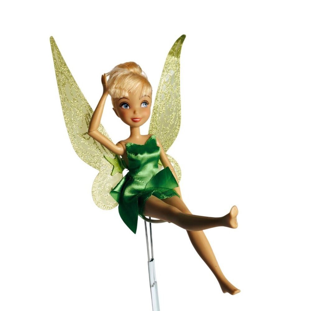Disney Fairies Tinkerbell Fairy Doll 12.5" Glittery Wings Green Dress Poseable